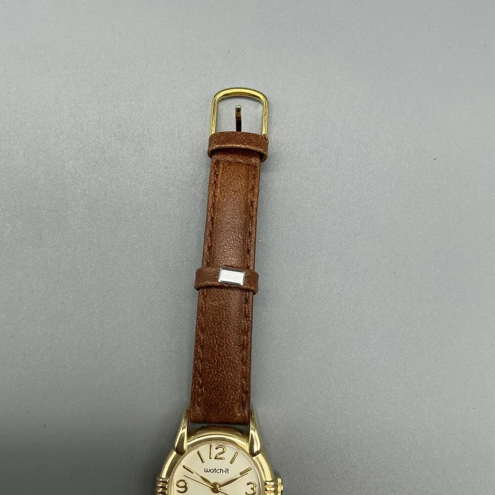 Watch-it! Womens Watch 24mm Cream Dial Gold Tone Brown Leather New Battery